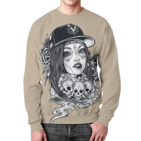 full_print_sweatshirt с принтом Девушка и черепа с розами в Нижнем Новгороде,  |  | Тематика изображения на принте: 