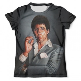 full_print_tee с принтом Tony Montana - Scarface в Нижнем Новгороде, Футболка с нанесением полноцветного изображения по всей поверхности может быть выполнена в двух вариантах - ХЛОПОК и СИНТЕТИКА. | Хлопок - ткань из 100% хлопка высшего качества пенье.  <br>Синтетика - ткань с высоким содержанием синтетического волокна (до 80%).  Материал хорошо тянется, имеет приятную на ощупь фактуру | Тематика изображения на принте: 