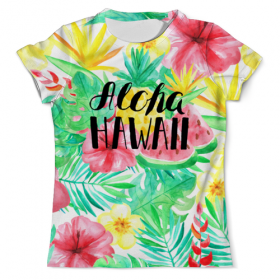 full_print_tee с принтом Aloha Hawaii в Нижнем Новгороде, Футболка с нанесением полноцветного изображения по всей поверхности может быть выполнена в двух вариантах - ХЛОПОК и СИНТЕТИКА. | Хлопок - ткань из 100% хлопка высшего качества пенье.  <br>Синтетика - ткань с высоким содержанием синтетического волокна (до 80%).  Материал хорошо тянется, имеет приятную на ощупь фактуру | 