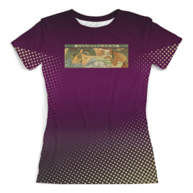 full_print_woman_tee с принтом Альфонс Муха, «Вино Инков» в Нижнем Новгороде, Футболка с нанесением полноцветного изображения по всей поверхности может быть выполнена в двух вариантах - ХЛОПОК и СИНТЕТИКА. | Хлопок - ткань из 100% хлопка высшего качества пенье.  <br>Синтетика - ткань с высоким содержанием синтетического волокна (до 80%).  Материал хорошо тянется, имеет приятную на ощупь фактуру | 