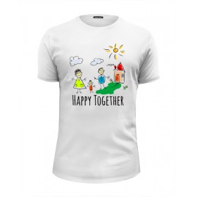 Мужская футболка Premium с принтом Happy Together в Нижнем Новгороде, Белый, черный, серый меланж, голубой: 100% хлопок, плотность 160 гр. Остальные цвета: 92% хлопок, 8% лайкра, плотность 170-180гр. |  | 