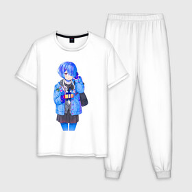 Мужская пижама хлопок с принтом Rem в Нижнем Новгороде, 100% хлопок | брюки и футболка прямого кроя, без карманов, на брюках мягкая резинка на поясе и по низу штанин
 | emilia | ram | re zero | rem | subaru | жизнь с нуля в альтернативном мире | рам | рем | рэм | субару | эмилия