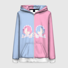 Женская толстовка 3D на молнии с принтом Рем и Рам в Нижнем Новгороде, 100% полиэстер | длина до линии бедра, манжеты и пояс оформлены мягкой тканевой резинкой, двухслойный капюшон со шнурком для регулировки, спереди молния, по бокам два кармана | re:zero | аниме | рам | ре зеро | резеро | рем | тян