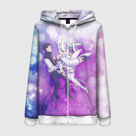 Женская толстовка 3D на молнии с принтом Эмилия и Субару в Нижнем Новгороде, 100% полиэстер | длина до линии бедра, манжеты и пояс оформлены мягкой тканевой резинкой, двухслойный капюшон со шнурком для регулировки, спереди молния, по бокам два кармана | anime | emilia | re zero | re: zero kara hajimeru isekai seikatsu | re: жизнь с нуля в альтернативном мире | subaru | ре зеро | субару | эмилия