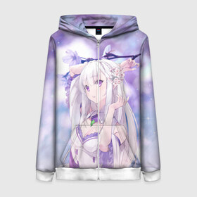 Женская толстовка 3D на молнии с принтом Эмилия в Нижнем Новгороде, 100% полиэстер | длина до линии бедра, манжеты и пояс оформлены мягкой тканевой резинкой, двухслойный капюшон со шнурком для регулировки, спереди молния, по бокам два кармана | anime | emilia | re zero | re: zero kara hajimeru isekai seikatsu | re: жизнь с нуля в альтернативном мире | ре зеро | эмилия