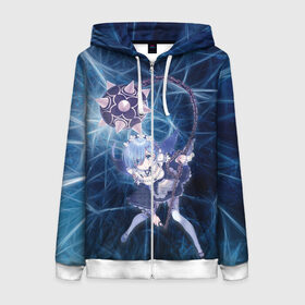 Женская толстовка 3D на молнии с принтом Рэм в Нижнем Новгороде, 100% полиэстер | длина до линии бедра, манжеты и пояс оформлены мягкой тканевой резинкой, двухслойный капюшон со шнурком для регулировки, спереди молния, по бокам два кармана | anime | re zero | re: zero kara hajimeru isekai seikatsu | re: жизнь с нуля в альтернативном мире | rem | демон | ре зеро | рем | рэм