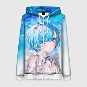 Женская толстовка 3D на молнии с принтом Рем в Нижнем Новгороде, 100% полиэстер | длина до линии бедра, манжеты и пояс оформлены мягкой тканевой резинкой, двухслойный капюшон со шнурком для регулировки, спереди молния, по бокам два кармана | anime | re zero | re: zero kara hajimeru isekai seikatsu | re: жизнь с нуля в альтернативном мире | rem | демон | ре зеро | рем | рэм